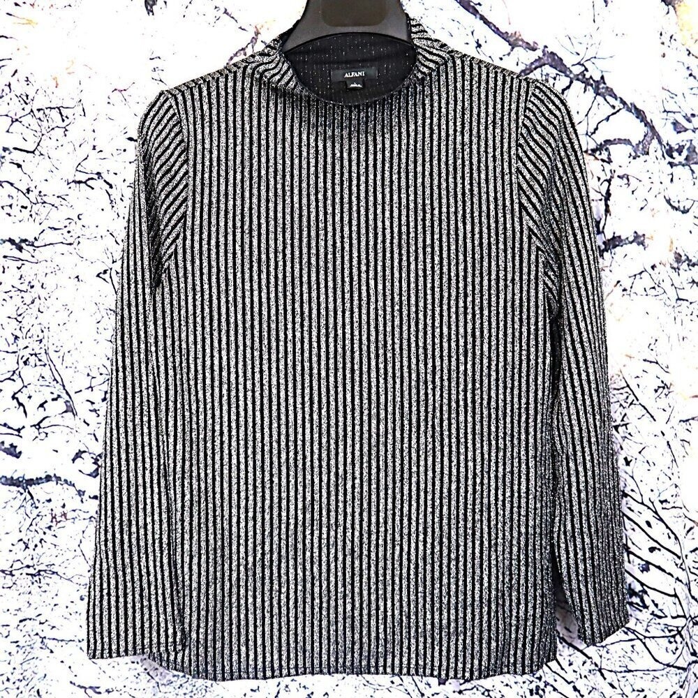 Silver Metallic Sweater L Alfani Womens Mockneck Striped Y2K Lightweight Top - Picture 2 of 7